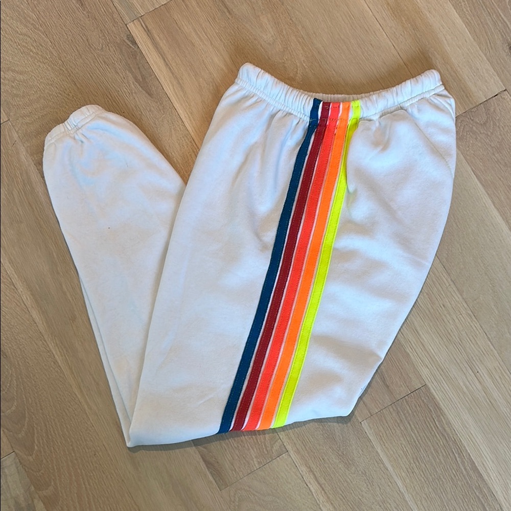 Aviator Nation White Joggers with Rainbow Stripes Size XS